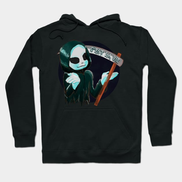 The Grim Reaper says: C'est la vie. and he shrugs. Hoodie by Joselo Rocha Art